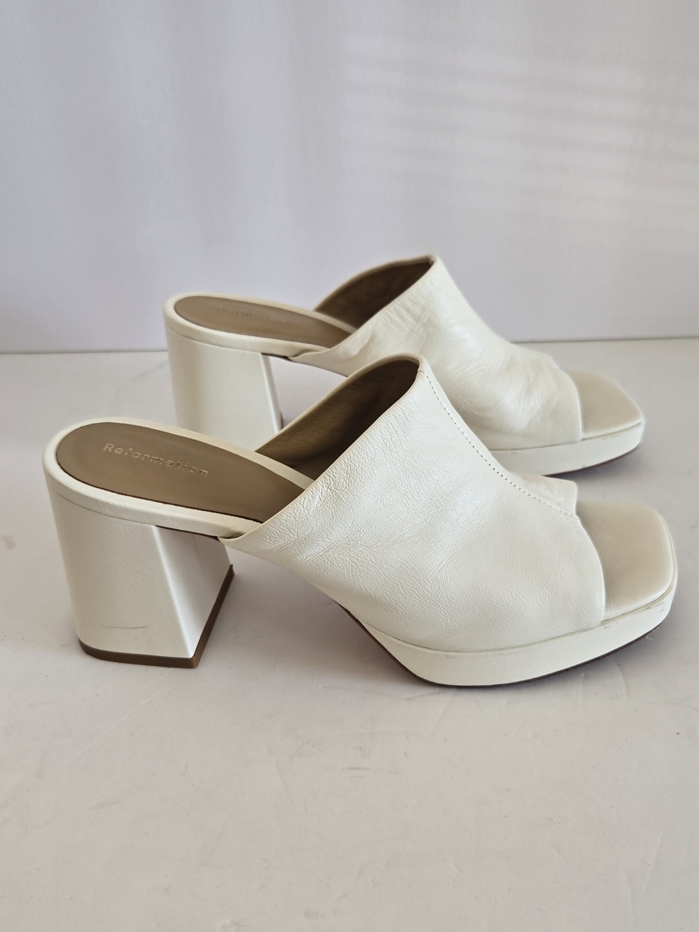 Reformation Leather Open-Toe Block Heel Mules White 7